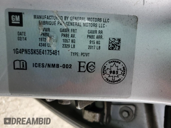 2014 Buick Verano with VIN 1G4PN5SK5E4175481, listed as a Copart auction lot 74974674 with 124,422 mi miles and Clean title. Bid and sale history available at DreamBid. Image 13.