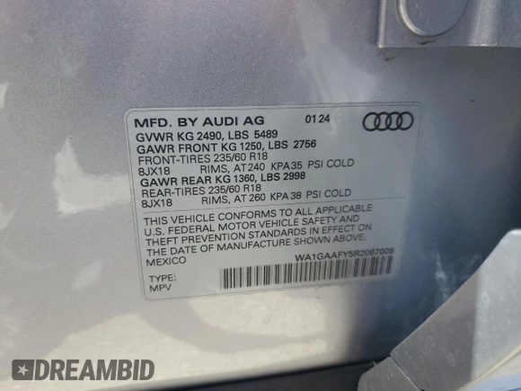 2024 Audi Q5 S line Premium z VIN WA1GAAFY5R2067008, wystawiony jako Copart lot #57522215 z przebiegiem 10 233 mil mil oraz Szkoda całkowita • Salvage title. Historia ofert i sprzedaży dostępna na DreamBid. Obrazek 13.