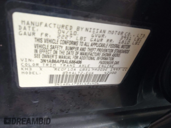 2010 Nissan Sentra SR with VIN 3N1AB6AP8AL686406, listed as a IAAI auction lot 41442513 with 134,478 mi miles and . Bid and sale history available at DreamBid. Image 9.