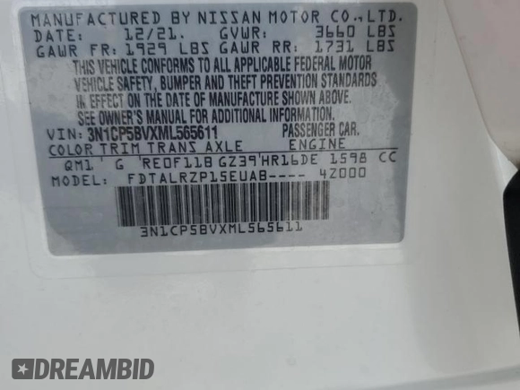 2021 Nissan Kicks S with VIN 3N1CP5BVXML565611, listed as a Copart auction lot 50299355 with 22,560 mi miles and Non Repairable. Bid and sale history available at DreamBid. Image 15.