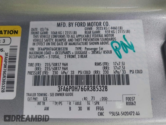 2016 Ford Fusion SE z VIN 3FA6P0H76GR385328, wystawiony jako IAAI lot #42408631 z przebiegiem 127 293 mil mil oraz . Historia ofert i sprzedaży dostępna na DreamBid. Obrazek 9.