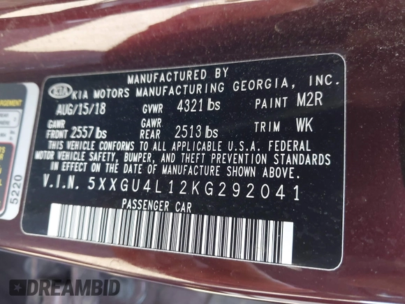 2019 Kia Optima EX with VIN 5XXGU4L12KG292041, listed as a IAAI auction lot 42065738 with 74,222 mi miles and . Bid and sale history available at carsss.com. Image 9.