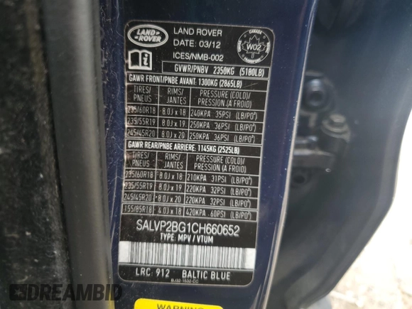 2012 Land Rover Range Rover Evoque Pure Plus with VIN SALVP2BG1CH660652, listed as a Copart auction lot 59695015 with 161,908 mi miles and Clean title. Bid and sale history available at DreamBid. Image 14.