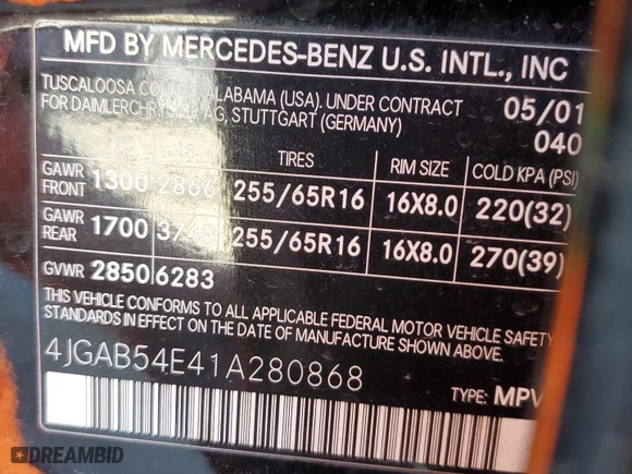 2001 Mercedes-Benz M-Class with VIN 4JGAB54E41A280868, listed as a Copart auction lot 47829955 with 111,475 mi miles and Salvage Title. Bid and sale history available at carsss.com. Image 13.