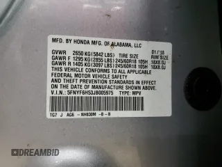 2018 Honda Pilot EX-L with VIN 5FNYF6H53JB005975, listed as a Copart auction lot 46152165 with 78,035 mi miles and Salvage Title. Bid and sale history available at DreamBid. Image 14.