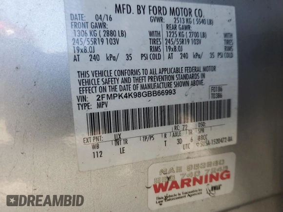 2016 Ford Edge Titanium with VIN 2FMPK4K98GBB66993, listed as a Copart auction lot 54732725 with 126,606 mi miles and Clean Title. Bid and sale history available at carsss.com. Image 13.
