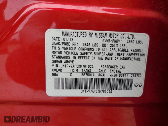 2019 Infiniti Q50 RED SPORT 400 with VIN JN1FV7AP5KM761024, listed as a Copart auction lot 85488304 with 91,709 mi miles and Salvage Title. Bid and sale history available at carsss.com. Image 12.