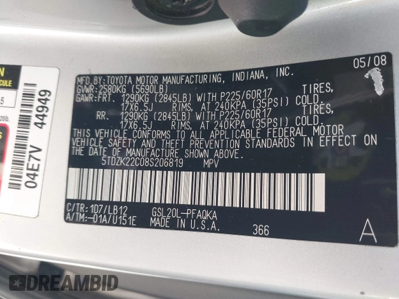 2008 Toyota Sienna XLE with VIN 5TDZK22C08S206819, listed as a IAAI auction lot 42093255 with 169,835 mi miles and . Bid and sale history available at DreamBid. Image 9.