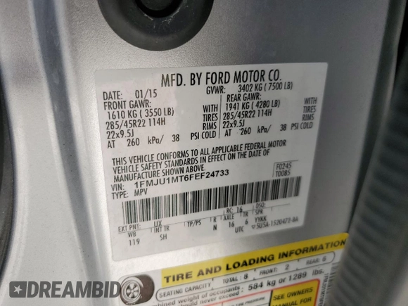 2015 Ford Expedition Platinum with VIN 1FMJU1MT6FEF24733, listed as a Copart auction lot 58774634 with 189,982 mi miles and Salvage title. Bid and sale history available at DreamBid. Image 13.