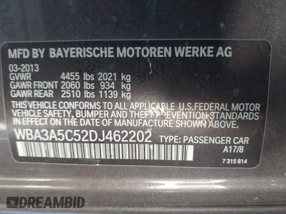 2013 BMW 3 Series 328i with VIN WBA3A5C52DJ462202, listed as a IAAI auction lot 41198588 with 145,010 mi miles. Bid and sale history available at carsss.com. Image 9.