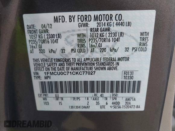 2012 Ford Escape XLS with VIN 1FMCU0C71CKC77027, listed as a IAAI auction lot 42236429 with 59,530 mi miles and . Bid and sale history available at DreamBid. Image 9.