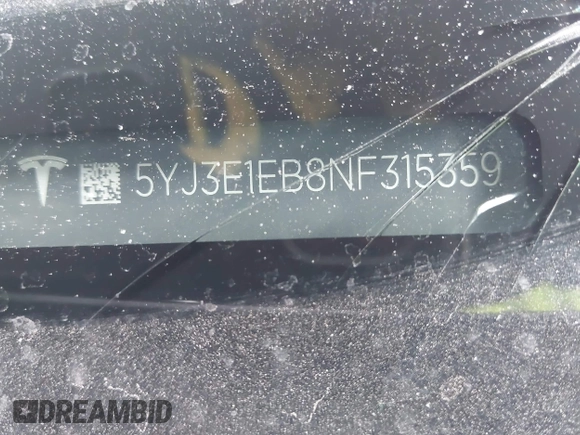 2022 Tesla Model 3 Long Range z VIN 5YJ3E1EB8NF315359, wystawiony jako IAAI lot #42035599 z przebiegiem 54 974 mil mil oraz . Historia ofert i sprzedaży dostępna na DreamBid. Obrazek 9.