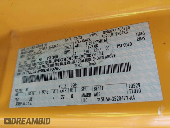 2008 Ford Econoline Cargo Commercial with VIN 1FTNE24W58DA90266, listed as a IAAI auction lot 42542610 with 158,740 mi miles and . Bid and sale history available at DreamBid. Image 9.