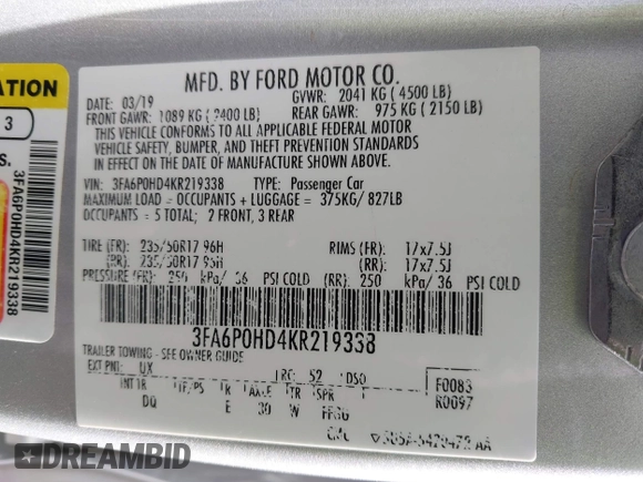 2019 Ford Fusion SE with VIN 3FA6P0HD4KR219338, listed as a IAAI auction lot 41856817 with 82,385 mi miles and . Bid and sale history available at carsss.com. Image 9.