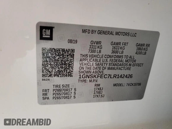 2020 Chevrolet Tahoe Commercial with VIN 1GNSKFEC7LR142426, listed as a Copart auction lot 62954155 with 243,797 mi miles and Clean title. Bid and sale history available at DreamBid. Image 13.