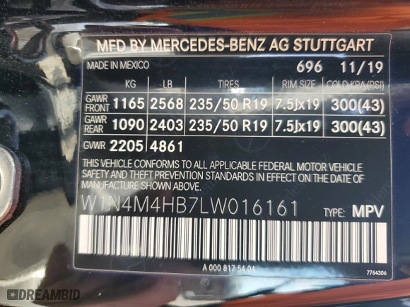 2020 Mercedes-Benz GLB with VIN W1N4M4HB7LW016161, listed as a Copart auction lot 46401815 with 58,191 mi miles and Clean Title. Bid and sale history available at carsss.com. Image 13.