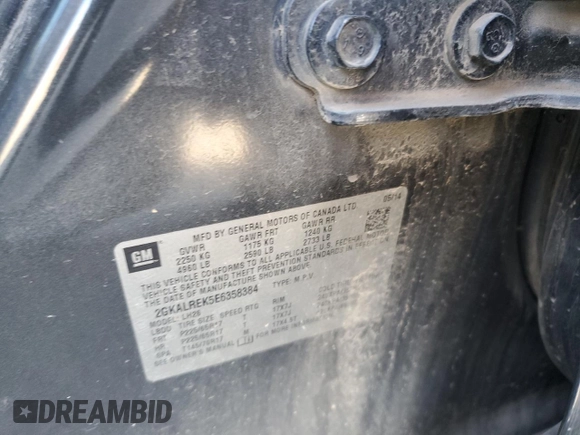 2014 GMC Terrain SLE with VIN 2GKALREK5E6358384, listed as a Copart auction lot 87391104 with 195,393 mi miles and Salvage title. Bid and sale history available at DreamBid. Image 12.