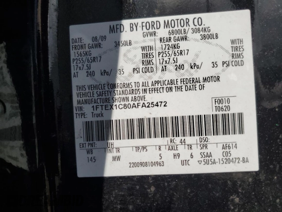 2010 Ford F-150 XL with VIN 1FTEX1C80AFA25472, listed as a Copart auction lot 57462045 with 130,692 mi miles and Salvage title. Bid and sale history available at DreamBid. Image 13.