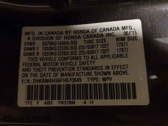 2015 Honda CR-V EX with VIN 2HKRM4H56FH670649, listed as a IAAI auction lot 42007616 with 142,353 mi miles and . Bid and sale history available at DreamBid. Image 9.