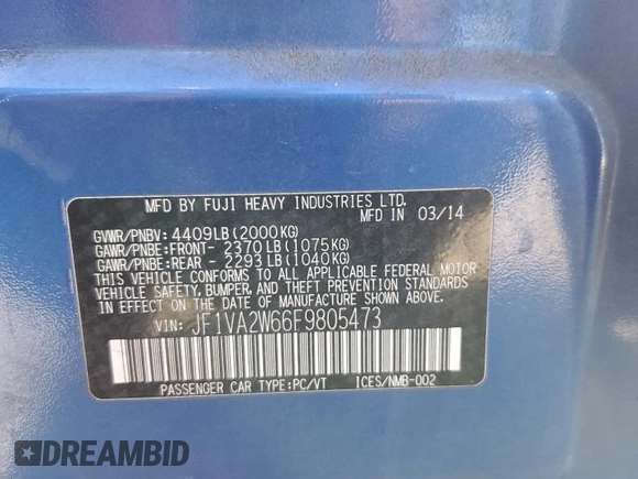 2015 Subaru WRX STI Launch with VIN JF1VA2W66F9805473, listed as a Copart auction lot 58922325 with Not provided miles and Salvage title. Bid and sale history available at DreamBid. Image 13.