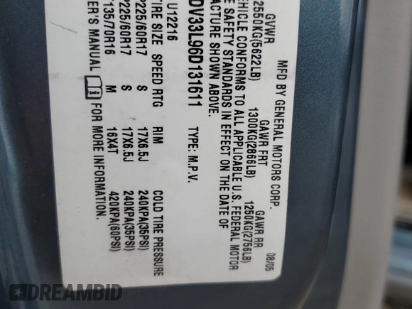 2006 Chevrolet Uplander LT w/1LT with VIN 1GNDV33L96D131611, listed as a Copart auction lot 79355074 with 217,416 mi miles and Salvage Title. Bid and sale history available at carsss.com. Image 15.