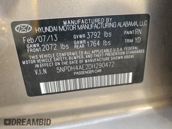 2013 Hyundai Elantra Limited with VIN 5NPDH4AE2DH290472, listed as a Copart auction lot 52354955 with 52,680 mi miles and Salvage Title. Bid and sale history available at DreamBid. Image 12.