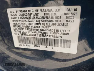 2010 Honda Odyssey EX-L with VIN 5FNRL3H73AB107662, listed as a IAAI auction lot 42107166 with 188,308 mi miles. Bid and sale history available at carsss.com. Image 9.