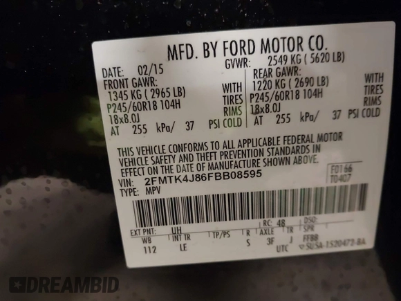 2015 Ford Edge SEL with VIN 2FMTK4J86FBB08595, listed as a IAAI auction lot 41576226 with 85,726 mi miles. Bid and sale history available at carsss.com. Image 9.