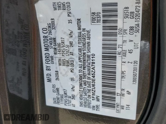 2005 Ford Explorer XLT with VIN 1FMZU63E45ZA78110, listed as a Copart auction lot 55365765 with 167,819 mi miles and Salvage title. Bid and sale history available at DreamBid. Image 13.