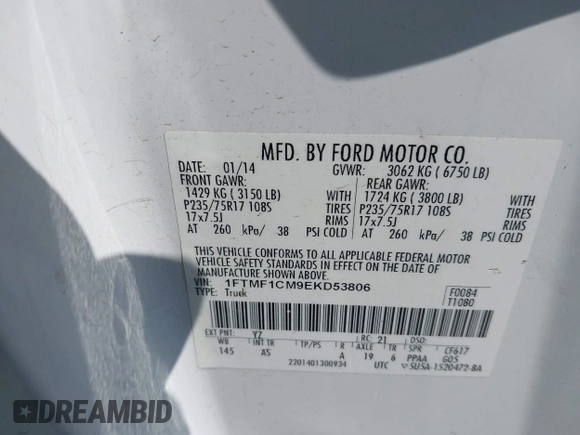 2014 Ford F-150 XL with VIN 1FTMF1CM9EKD53806, listed as a IAAI auction lot 42137550 with 138,888 mi miles and . Bid and sale history available at carsss.com. Image 9.
