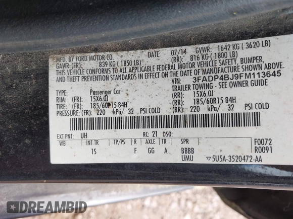 2015 Ford Fiesta SE with VIN 3FADP4BJ9FM113645, listed as a IAAI auction lot 41970671 with 138,026 mi miles. Bid and sale history available at carsss.com. Image 9.