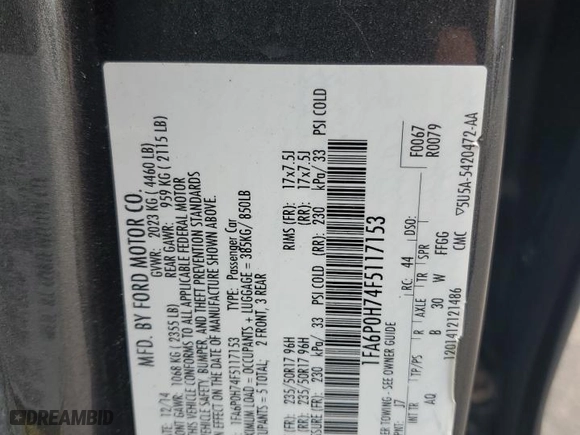 2015 Ford Fusion SE with VIN 1FA6P0H74F5117153, listed as a Copart auction lot 53137965 with 148,052 mi miles and Salvage Title. Bid and sale history available at carsss.com. Image 14.