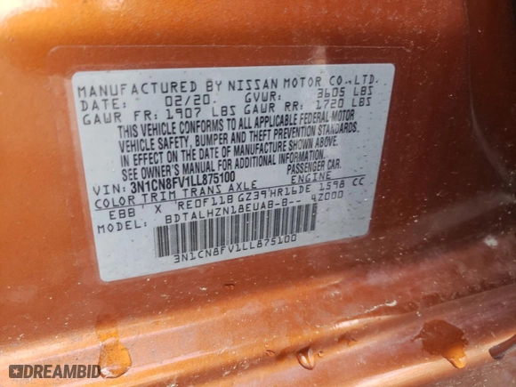 2020 Nissan Versa SR with VIN 3N1CN8FV1LL875100, listed as a Copart auction lot 45849795 with 87,530 mi miles and Salvage Title. Bid and sale history available at carsss.com. Image 14.