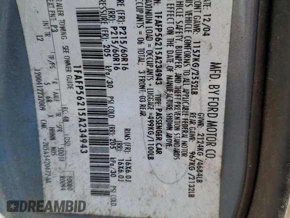 2005 Ford Taurus SEL with VIN 1FAFP56215A234943, listed as a Copart auction lot 51486595 with 222,307 mi miles and Salvage Title. Bid and sale history available at DreamBid. Image 12.