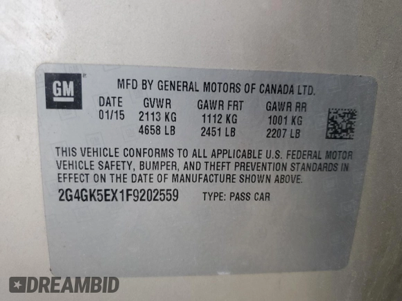 2015 Buick Regal с VIN 2G4GK5EX1F9202559, выставлен на аукционе Copart как лот 60507415 с пробегом 123 531 миль миль и Чистый • Clean title. История ставок и продаж доступна на DreamBid. Изображение 12.