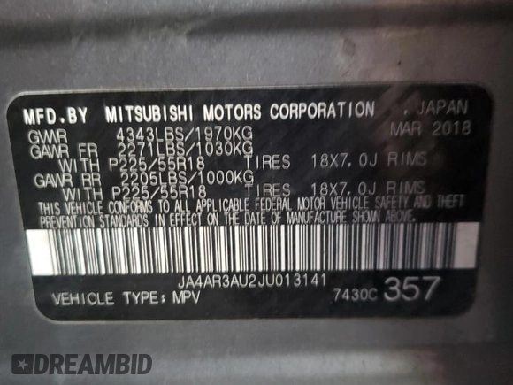 2018 Mitsubishi Outlander Sport ES 2.0 with VIN JA4AR3AU2JU013141, listed as a Copart auction lot 86450214 with 105,275 mi miles and Clean Title. Bid and sale history available at carsss.com. Image 13.