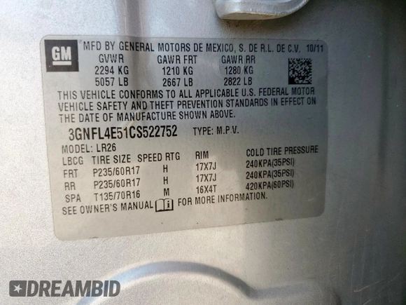 2012 Chevrolet Captiva Sport LTZ z VIN 3GNFL4E51CS522752, wystawiony jako Copart lot #57215795 z przebiegiem 123 522 mil mil oraz Szkoda całkowita • Salvage title. Historia ofert i sprzedaży dostępna na DreamBid. Obrazek 13.