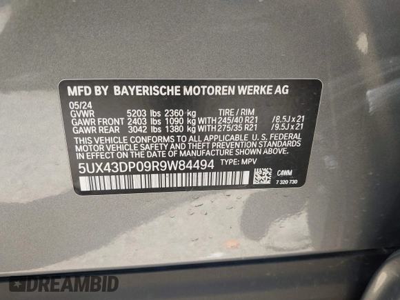 2024 BMW X3 sDrive30i z VIN 5UX43DP09R9W84494, wystawiony jako IAAI lot #41981761 z przebiegiem 14 066 mil mil oraz . Historia ofert i sprzedaży dostępna na DreamBid. Obrazek 9.