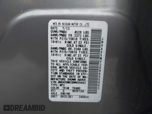 2013 Nissan Rogue S with VIN JN8AS5MV3DW655682, listed as a IAAI auction lot 42100702 with 169,823 mi miles and . Bid and sale history available at DreamBid. Image 9.
