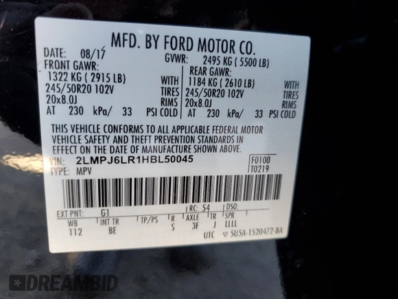 2017 Lincoln MKX Reserve z VIN 2LMPJ6LR1HBL50045, wystawiony jako Copart lot #54411455 z przebiegiem 49 704 mil mil oraz Szkoda całkowita • Salvage title. Historia ofert i sprzedaży dostępna na DreamBid. Obrazek 13.