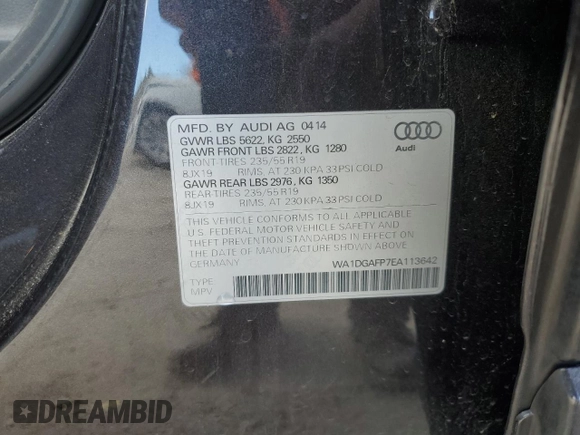 2014 Audi Q5 Premium Plus with VIN WA1DGAFP7EA113642, listed as a Copart auction lot 81185514 with 48,038 mi miles and Salvage Title. Bid and sale history available at carsss.com. Image 14.