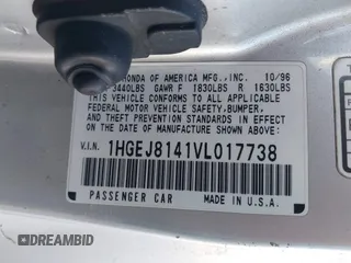 1997 Honda Civic EX с VIN 1HGEJ8141VL017738, выставлен на аукционе IAAI как лот 41549446 с пробегом 191 808 миль миль и . История ставок и продаж доступна на DreamBid. Изображение 9.