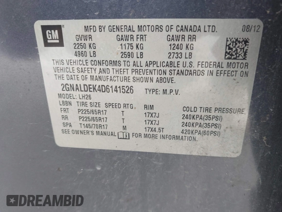 2013 Chevrolet Equinox LT with VIN 2GNALDEK4D6141526, listed as a IAAI auction lot 42238772 with Not Provided miles and . Bid and sale history available at carsss.com. Image 9.