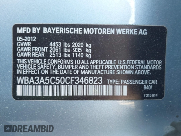 2012 BMW 3 Series 328i with VIN WBA3A5C50CF346823, listed as a IAAI auction lot 42161682 with 76,729 mi miles and . Bid and sale history available at carsss.com. Image 9.