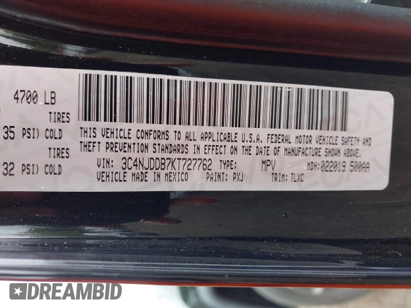 2019 Jeep Compass Trailhawk with VIN 3C4NJDDB7KT727762, listed as a IAAI auction lot 42299260 with 56,733 mi miles and . Bid and sale history available at DreamBid. Image 9.
