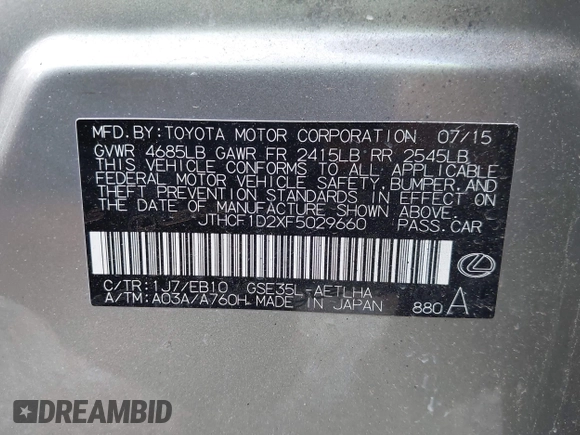 2015 Lexus IS 250 with VIN JTHCF1D2XF5029660, listed as a IAAI auction lot 42208629 with 82,601 mi miles and . Bid and sale history available at DreamBid. Image 9.