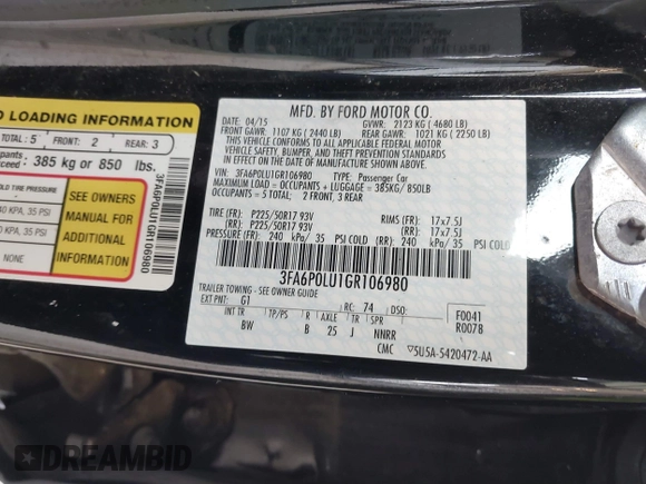 2016 Ford Fusion SE Hybrid with VIN 3FA6P0LU1GR106980, listed as a IAAI auction lot 41895379 with 200,226 mi miles. Bid and sale history available at carsss.com. Image 9.