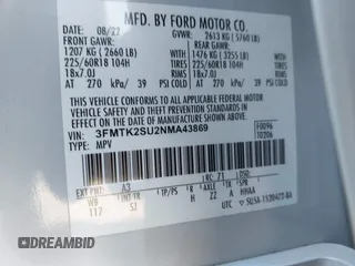 2022 Ford Mustang Mach-E California Route 1 with VIN 3FMTK2SU2NMA43869, listed as a IAAI auction lot 42153585 with 20,444 mi miles and . Bid and sale history available at DreamBid. Image 9.