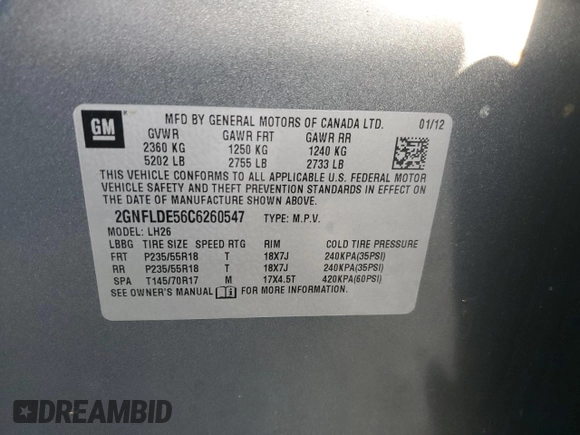 2012 Chevrolet Equinox 1LT z VIN 2GNFLDE56C6260547, wystawiony jako Copart lot #49855445 z przebiegiem 94 012 mil mil oraz Szkoda całkowita • Salvage title. Historia ofert i sprzedaży dostępna na DreamBid. Obrazek 12.