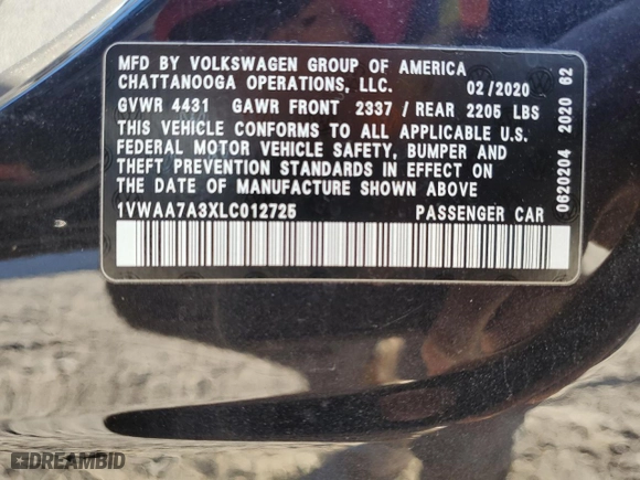 2020 Volkswagen Passat 2.0T S with VIN 1VWAA7A3XLC012725, listed as a Copart auction lot 82142864 with 109,510 mi miles and Salvage Title. Bid and sale history available at carsss.com. Image 14.